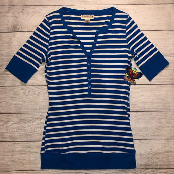 Original Self Esteem 🦋 Sticker on VTG Sz M Blue White Stripe Waffle Henley - Picture 3 of 9